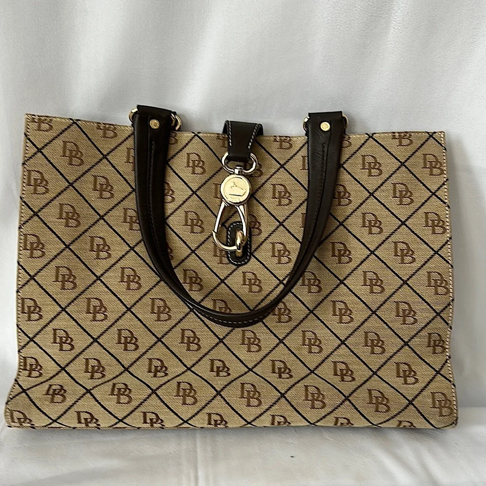 Dooney & Bourke Authenticated Tan/Brown Signature Monogram Shoulder Bag Purse - Picture 1 of 10